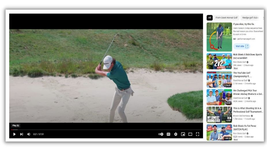 Алгоритм YouTube - видео игрока в гольф