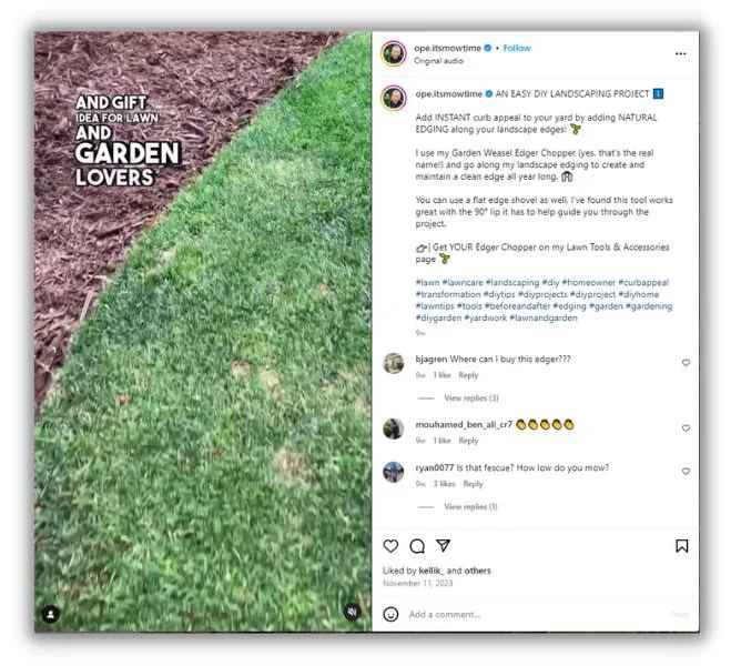 Лучшее время для публикации в социальных сетях — скриншот поста в Instagram об уходе за газоном.