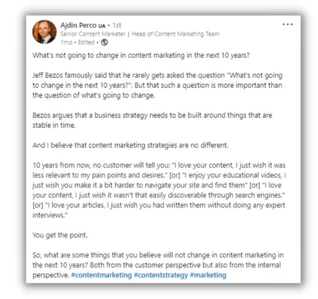 Тенденции контент-маркетинга – сообщение LinkedIn от Аждина Перко