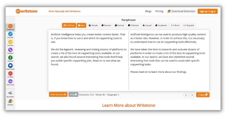 Инструменты копирайтинга с использованием искусственного интеллекта — скриншот Writetone