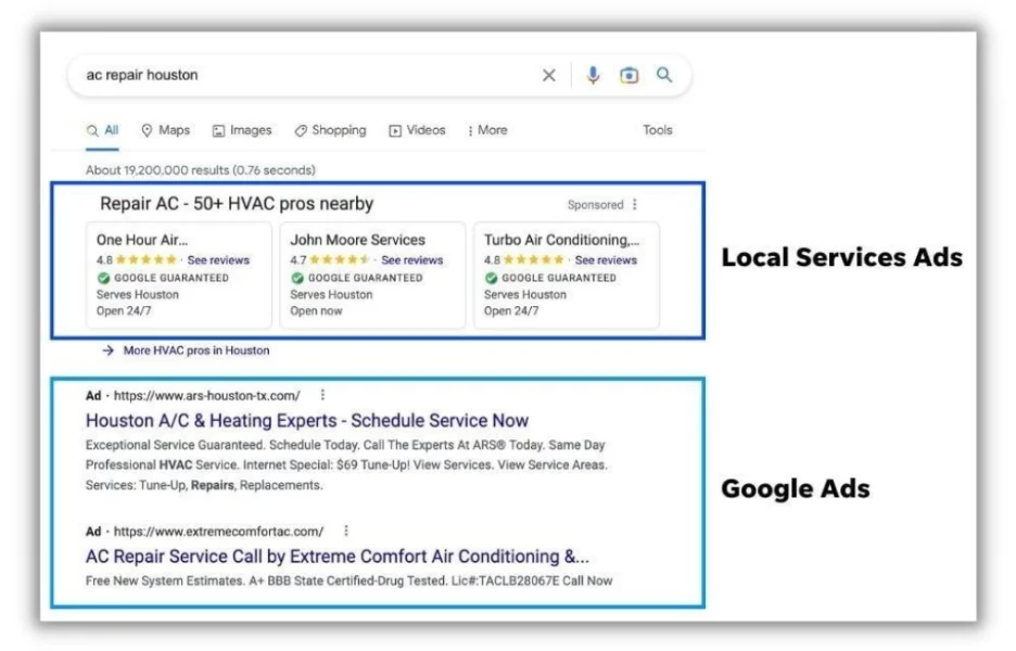 Скриншот рекламы местных услуг Google и рекламы Google