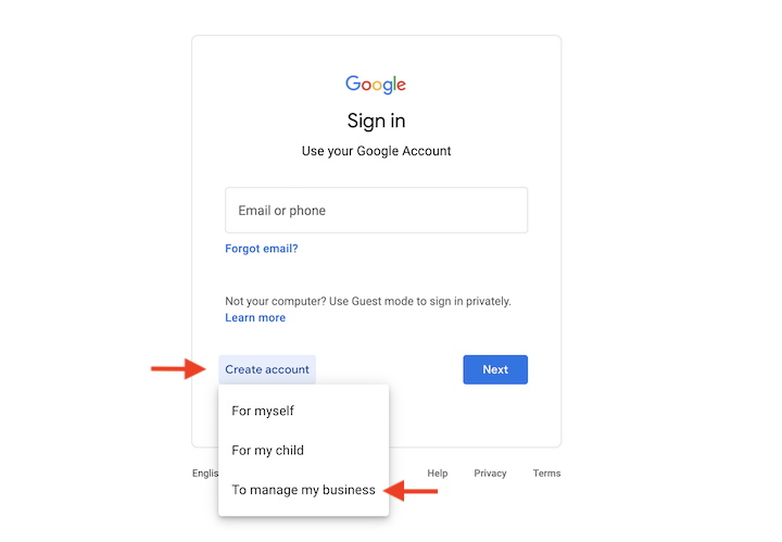how to create a google ads account - google account setup window