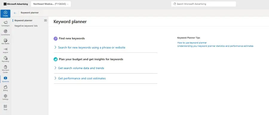 best keyword research tools - microsoft ads keyword planner