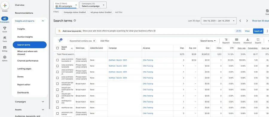 keyword research tools - google ads search terms report screenshot