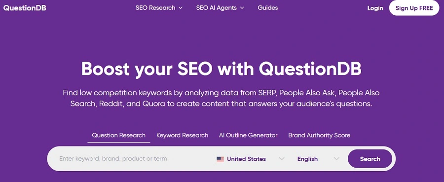 best keyword research tools - question db screenshot