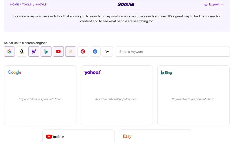 free keyword research tools - soovle screenshot