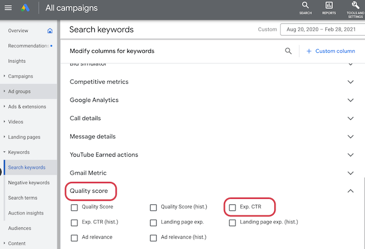 google ads columns - expected ctr