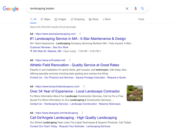local commercial intent SERP for "landscaping boston"