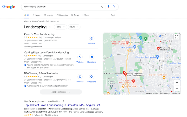 SERP pour une recherche d'intention commerciale locale