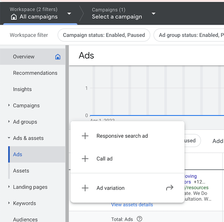 how to create a responsive search ad - ad creation view