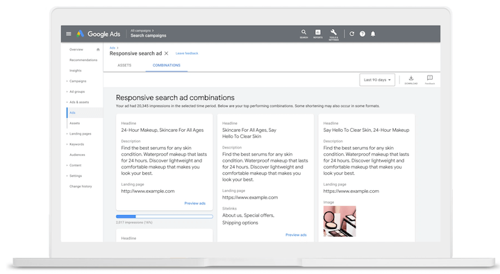 responsive search ads combinations report