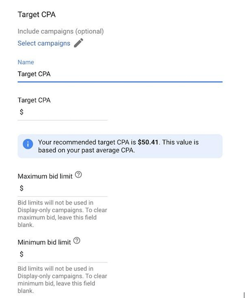 google ads automated bidding strategies: target CPA min and max setup