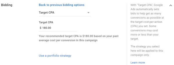 google ads automated bidding strategies: target CPA setup