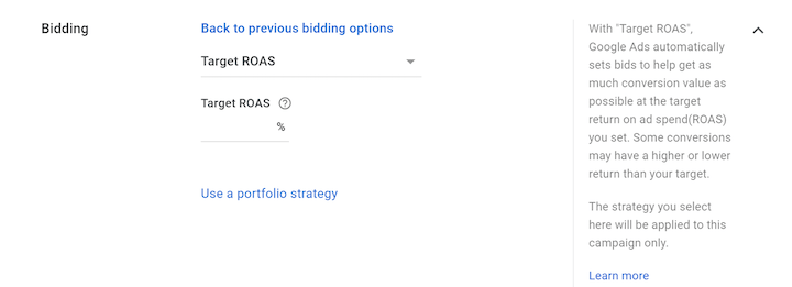 google ads automated bidding: target roas setup