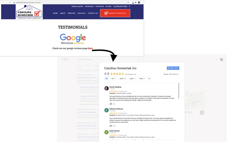 example of reviews page on website with google review CTA