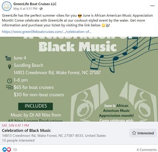Июньские маркетинговые идеи - сообщение о мероприятии в Facebook для малого бизнеса, посвященное месяцу признательности черной музыке