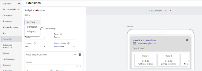 Google Ads Price extensions set up extensions