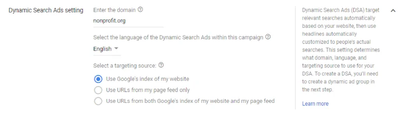 Google ads grants dynamic search ad settings