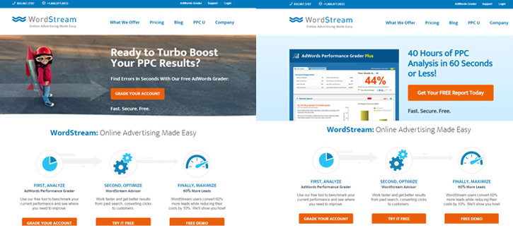 AB testing tips WordStream homepage AB test