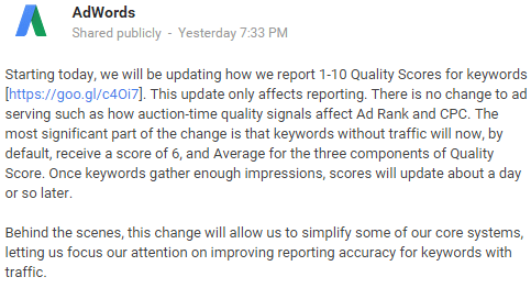 Google' announcement about an update in quality score reporting on Google+