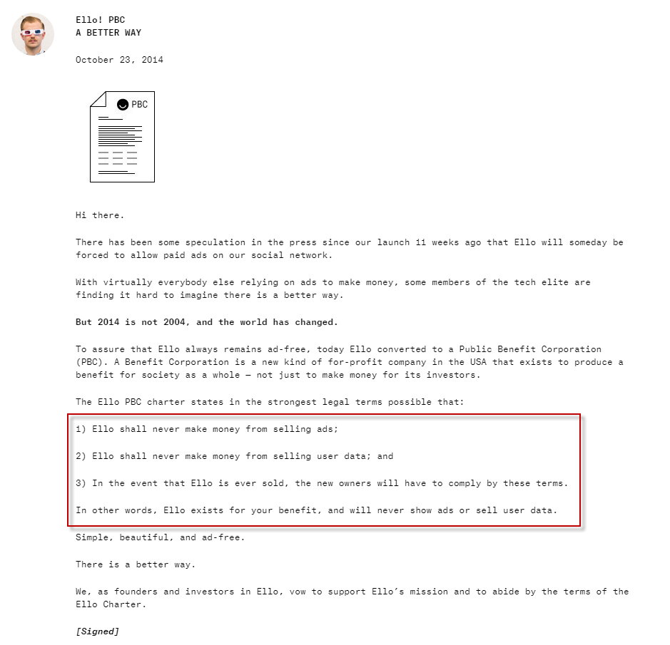 Ad free social networks Ello converts to PBC