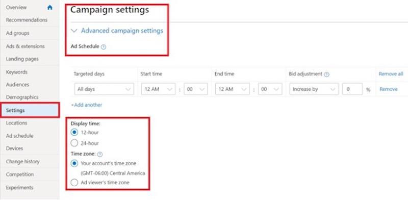 ad scheduling microsoft ads setup window