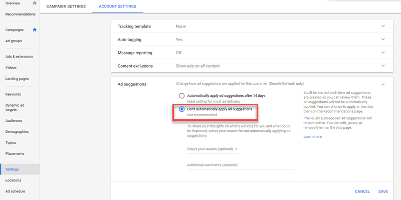 adwords ad suggestion account level opt out