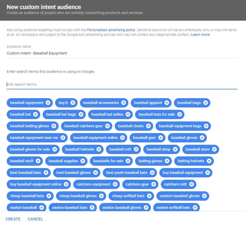 custom intent audience search terms