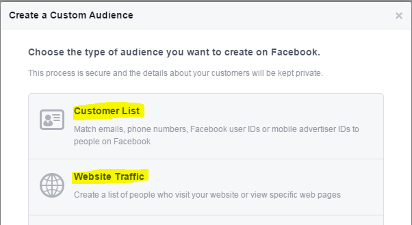 Ads on Facebook screenshot of creating a customer audience 