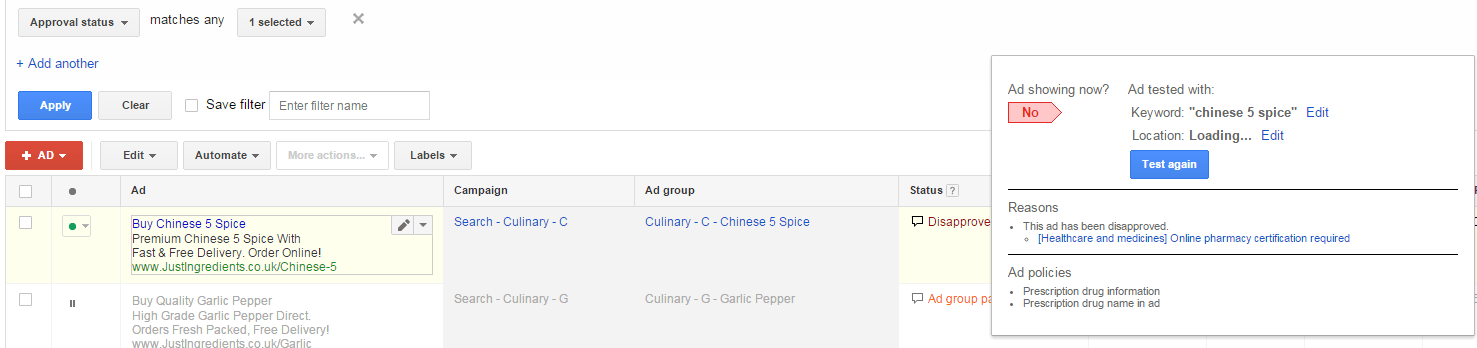 AdWords ad disapprovals medical terminology