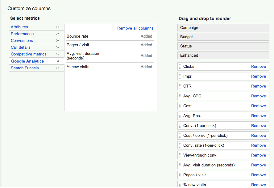 analytics column in adwords