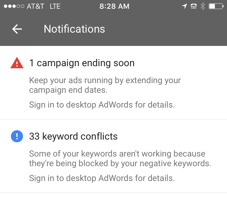 AdWords app iOS mobile notifications