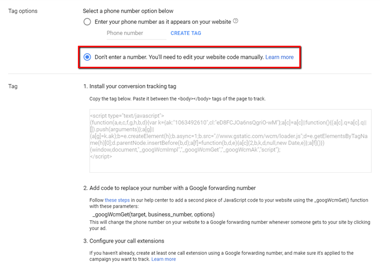 adwords call tracking manually input code on website