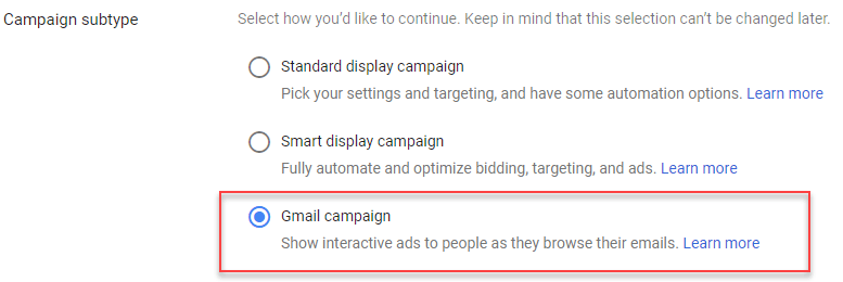 adwords campaign subtype gmail ads for email remarketing