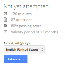 AdWords Certification Test screenshot showing the "Take Exam" button