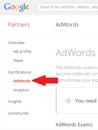 AdWords Certification Test screenshot showing where to find it