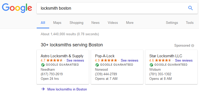 anúncios de serviço local - exemplo de anúncio de serviço de chaveiro local na SERP do Google