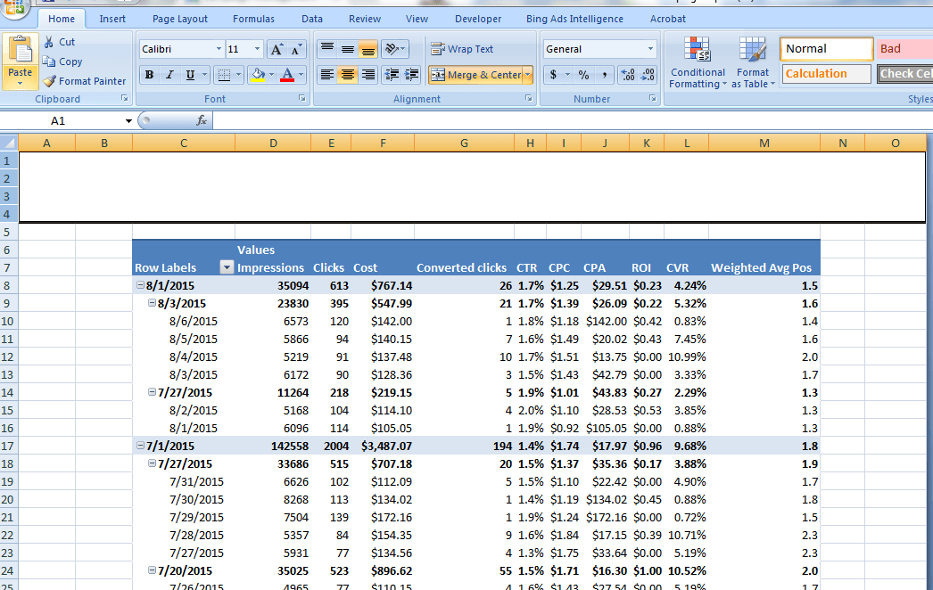 AdWords report Excel merge