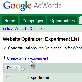 Website Optimizer Experiments