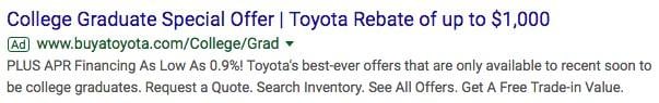 automotive marketing search ad for college grads