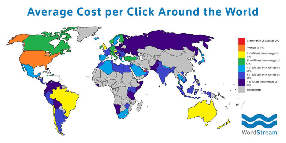 Online advertising costs average CPC by country