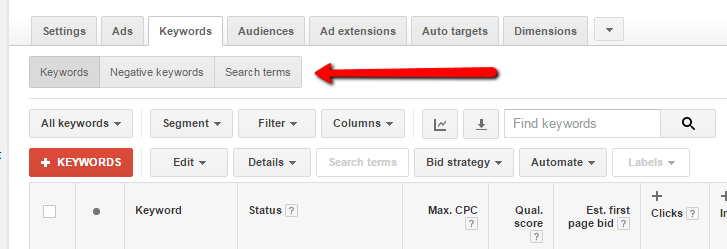 Image pointing out new search terms button in AdWords