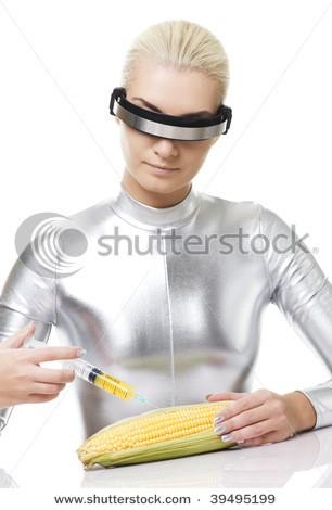futuristic woman with needle and corn stock photo