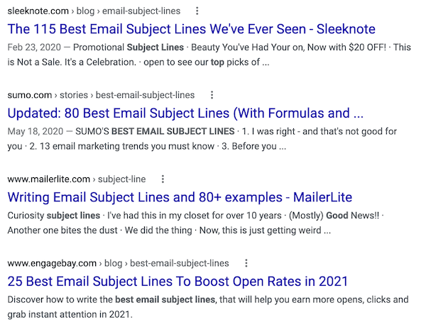 tips to write irresistible blog post titles—SERP showing results for "email subject lines"