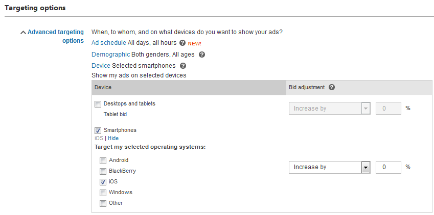 opções de segmentação de anúncios do Bing