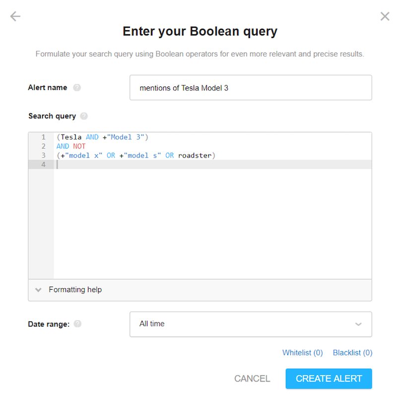 boolean search techniques for marketers—example boolean query "mentions of tesla model3"