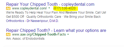 Call tracking example of a dental ad