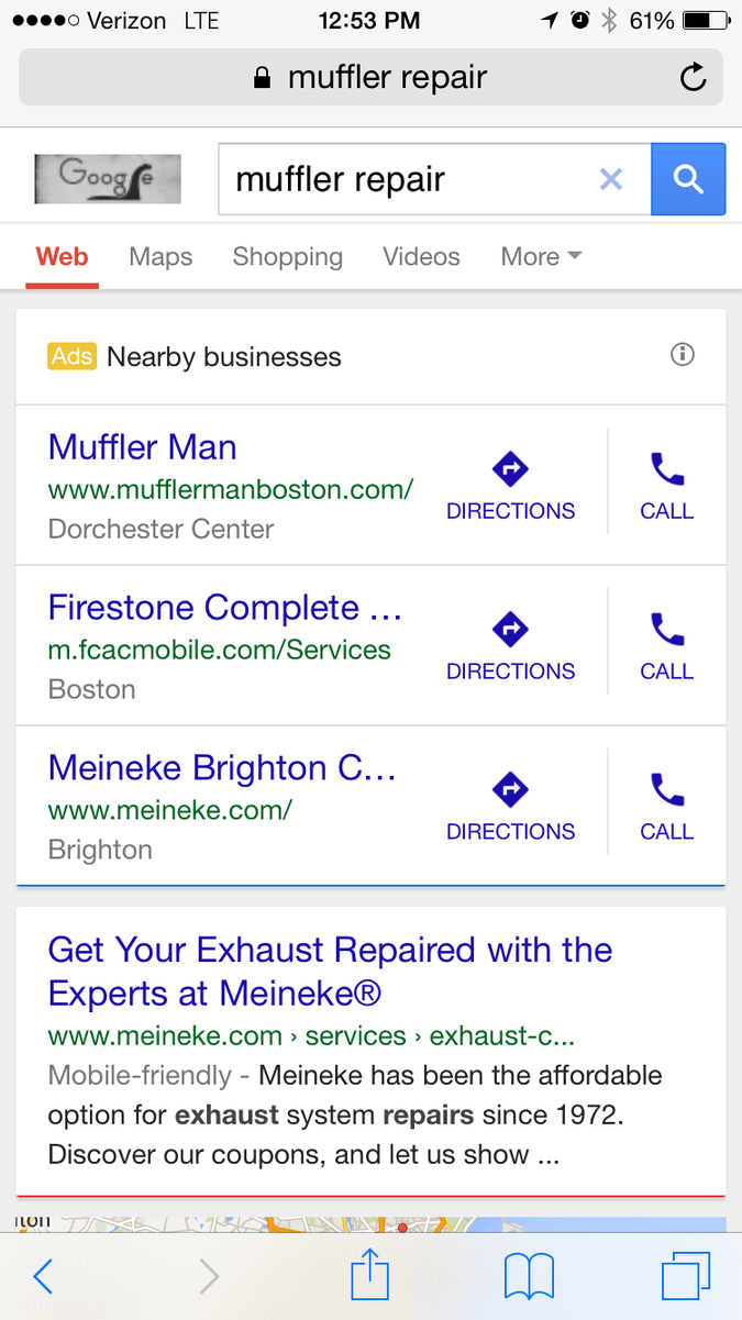 Call tracking screenshot showing click-to-call ads