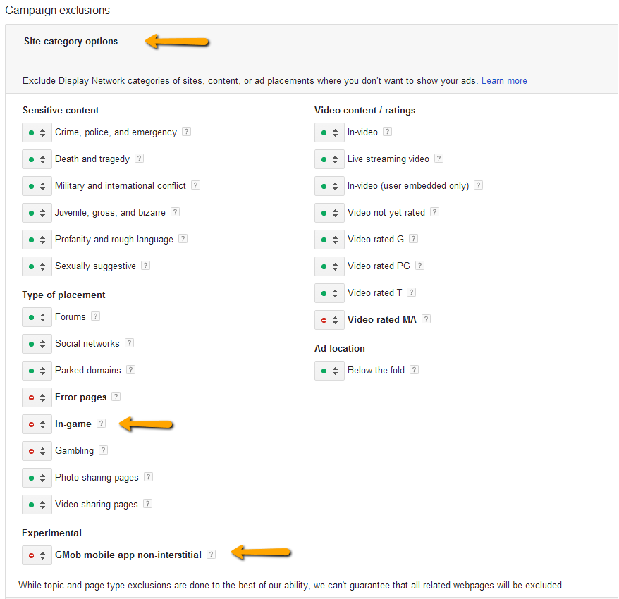 site category exclusions in adwords