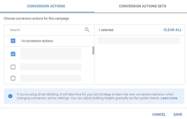 conversion actions settings